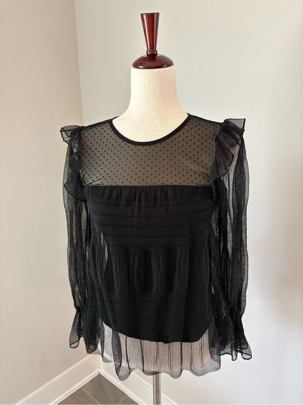 Maje Black Sheer Dot Long Sleeve Overlay Girls Date Night Top Ruffle Small - Picture 6 of 9